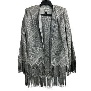 Caramia Vintage Metallic Gray Western 2 piece Suit Jacket Skirt Tassel Womens 12